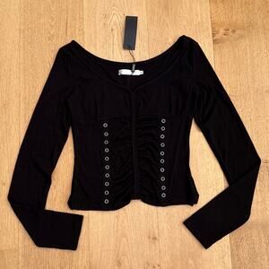 Three Times - Cinnamon Long Sleeve Eyelet Top in Black